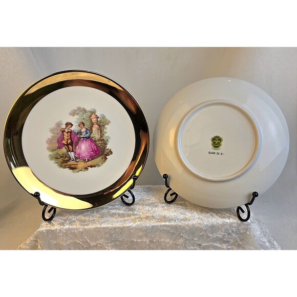 22 K Gold Trim L Parbus Bavaria Germany 2 Plates Fragonard courting couple 6.75" - Picture 1 of 10